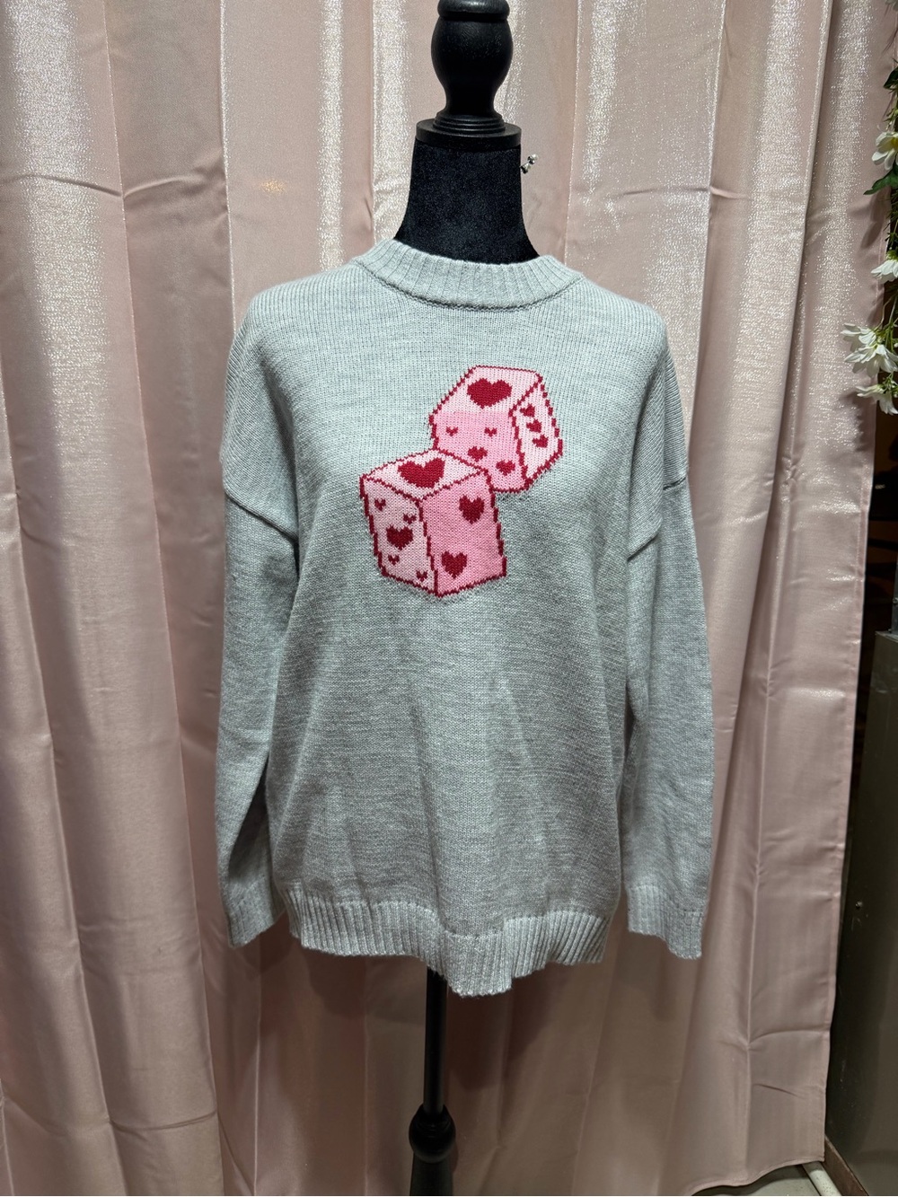 Light Gray Sweater with Pink Heart Dice Motif